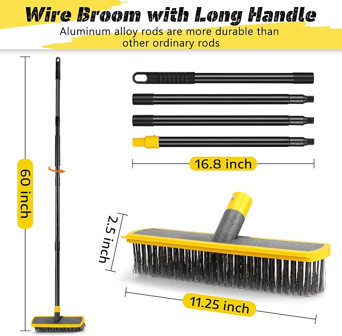 2 in 1 Stainless Steel Wire Brush Heavy Duty Floor Deck Scrub | 60" Long Handle Outdoor Push Broom for Moss Removal/Concrete/Patio/Deck/Garden/Pool/Floor Cleaning|Yellow