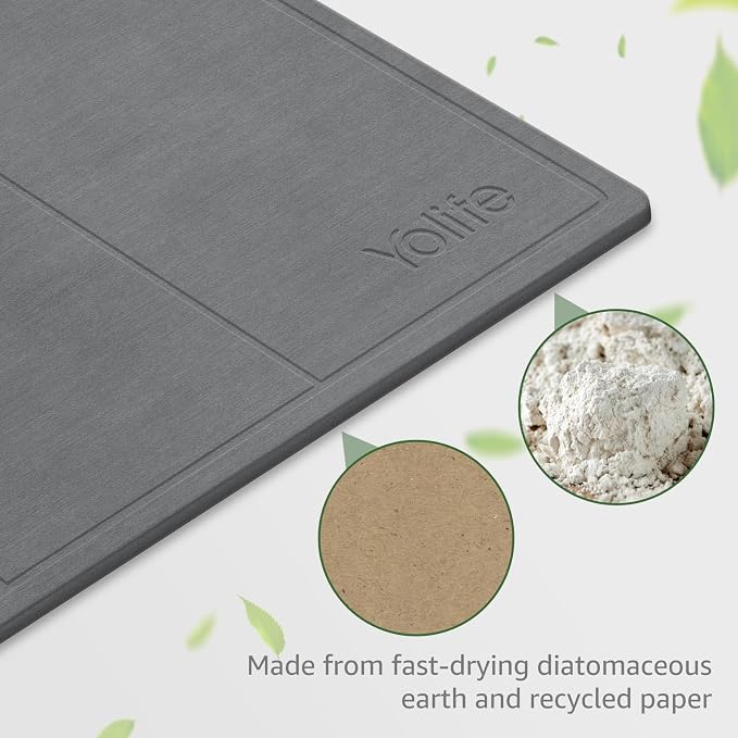 Yolife Extra Large Stone Drying Mat for Kitchen Counter, 23.7" x 15.4" Kitchen Stone Dish Drying Mat, Quick Drying Diatomaceous Earth Dish Drying Mat, Stone Dish Mat with Non Slip Pad (Grey)