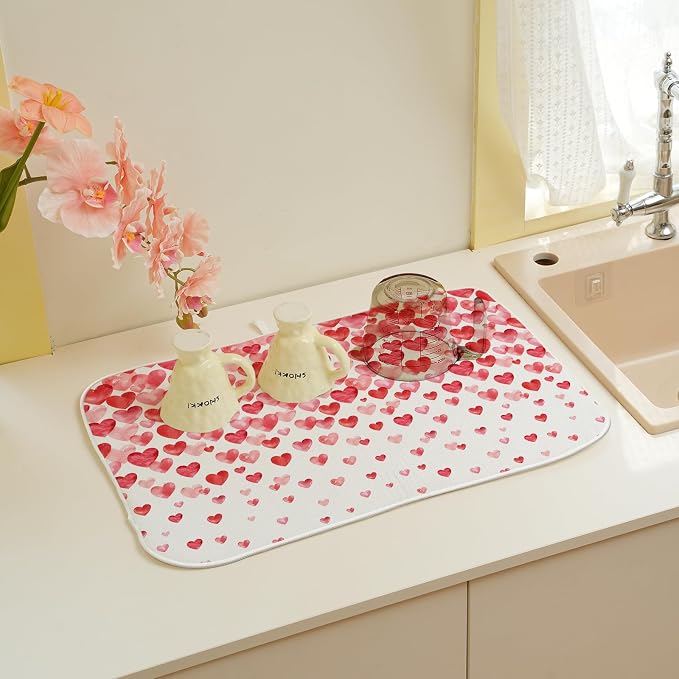 Valentines Dish Drying Mat 18x24 Inch Watercolor Red Pink Love Hearts Drying Mat Anniversary Day Holiday Absorbent Dish Drying Pad Dish Rack Drainer Mats for Kitchen Dining Counter