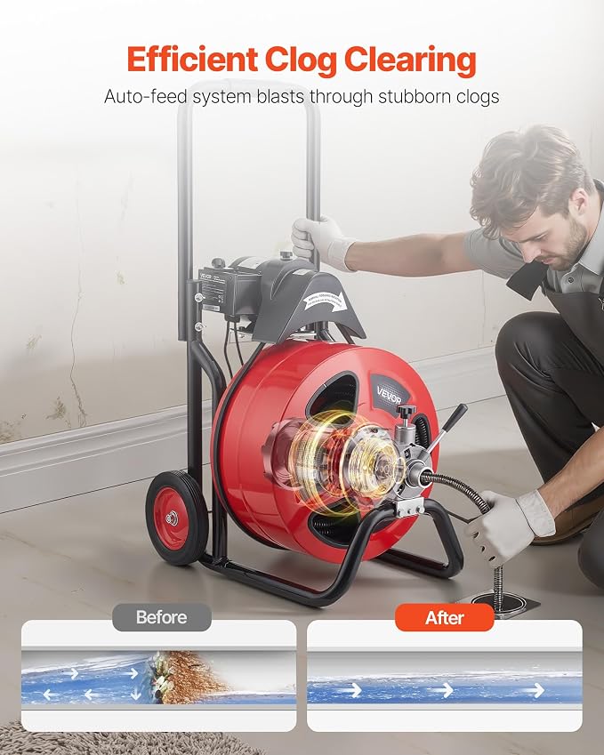 VEVOR Drain Cleaner Machine 100 FT x 3/4 Inch, Auto Feed Sewer Snake Auger on Wheels, Portable Drain Cleaning Machine with 4 Cutters & Air-activated Foot Switch for 4" to 8" Pipes