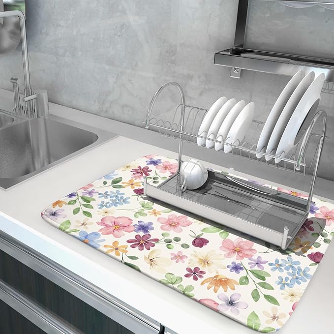 Floral Dish Drying Mat for Kitchen Counter 18x24, Spring Decorative Absorbent Reversible Microfiber Kitchen Countertop Protector Dishes Drainer Pad, Colorful Cute Flower