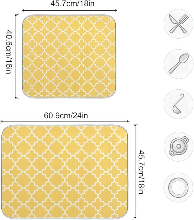 Super Absorbent Dish Drying Mat, Microfiber Fast-Drying Dish Mat, 24" x 18", Kitchen Dish Drying Pad, Quatrefoil Lattice Yellow Pattern