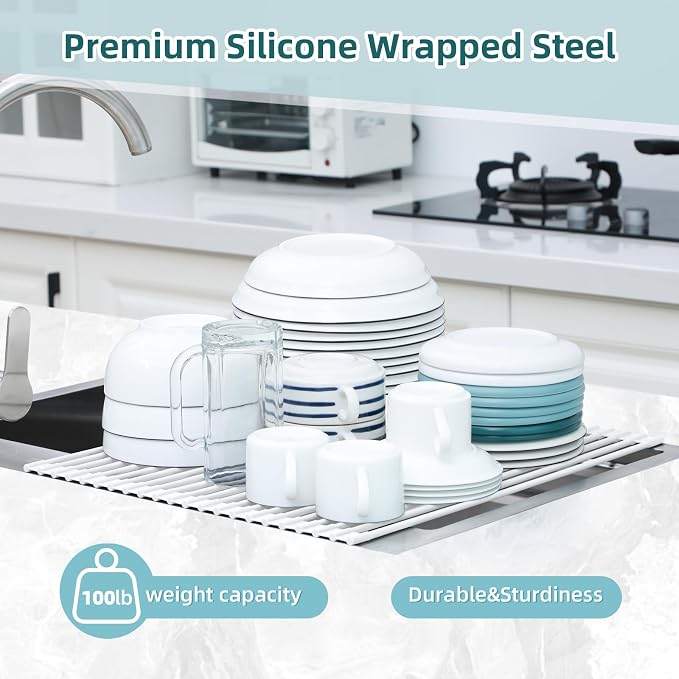 Ohuhu Over Sink Dish Drying Rack, 17.6" W x 15.4" L Roll Up Dish Racks Kitchen Sink Organizer Silicone Wrapped Large in Sink Dish Drying Rack Foldable Rolling Drain Mats Anti-Slip