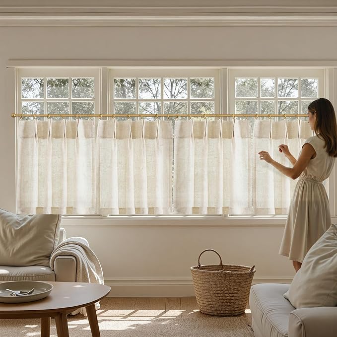 jinchan Linen Pinch Pleated Back Tab Tier Curtains,26x30,2 Panels,Natural | Light filtering,small window treatment,cafe curtains,machine washable,farmhouse,kitchen,bathrooms,laundry