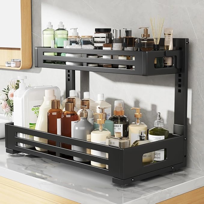 2 Pack 21IN-Depth Under Sink Organizer,Pull Out Cabinet Organizer With Smooth Cylindrical Rail,Metal Slide Out Drawer for Kitchen Bathroom Laundry,8-Level Tool Free Height Adjustable-Black