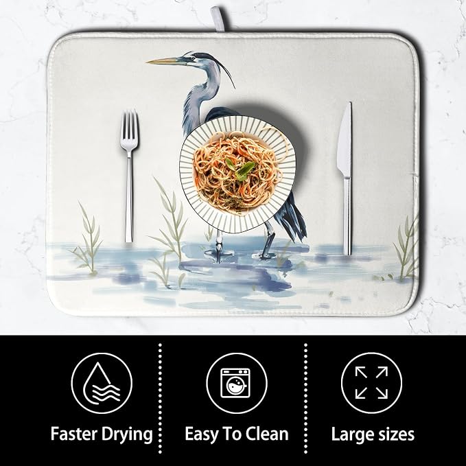 Summer Dish Drying Mat Blue White Heron Beach Absorbent Microfiber Drying Mats for Kitchen Counter Coastal Nautical Birds Dishes Drainer Mat Extra Large 18x24 Inch