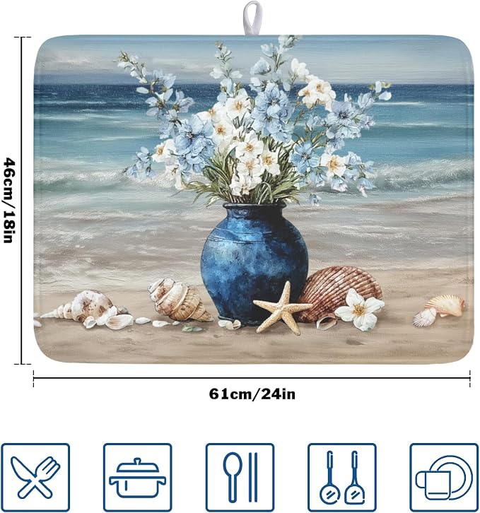 Summer Beach Dish Drying Mat for Kitchen Counter Nautical Coastal Blue Ocean Vase Floral Seashells Microfiber Dish Drainer Mat Absorbent Washable Drying Pad 18"x24"
