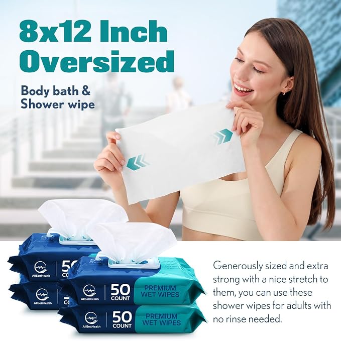 Body Wipes for Adults - XL Wet Wipes 8"x 12"(600 count) | Rinse Free Bathing - Wash Cloths for incontinence, Disposable Washcloths with Aloe Vera and Vitamin E - Camping, Elderly, Bathing