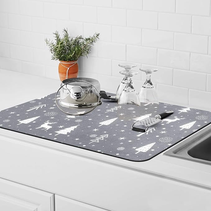 Christmas Dish Drying Mat, 16" x 24" Drying Mat for Kitchen Counter, Super Absorbent Coffee Mats Fits Under Coffee Maker, Kitchen Accessories for Espresso Machine, Gray
