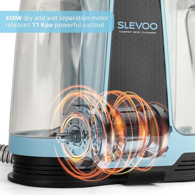 Slevoo 450W Portable Carpet Cleaner Machine with 1 Bottle Cleaning Solutions, Strong Suction Upholstery and Furniture Cleaner for Cleaning Stairs, Car Interiors, for Pet Footprint, Dust, Oil (Blue)