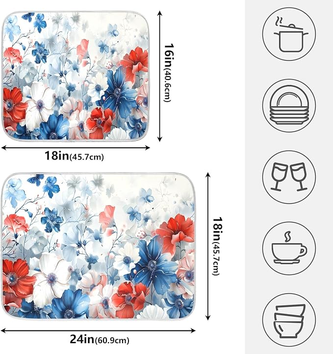4th of July Patriotic Blue Red White Flowers Dish Drying Mat for Kitchen Counter Absorbent Microfiber Large Independence Day Drying Pad Dish Mats for Kitchen Countertops 18 x 24 Inch