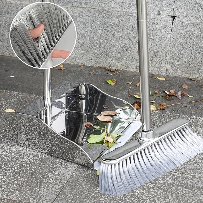 Soft Bristle Broom & Stainless Dustpan Set, Silver, Tile/Wood/Composite
