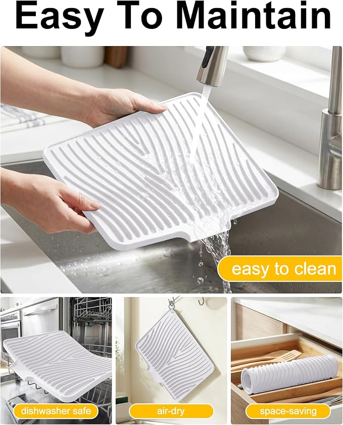 Silicone Dish Drying Mat for Kitchen Counter, Non-Slip Drain Pad with Built-in Drain, Heat Resistant Dish Drying Pad, Multi-Use Drying Mat, Dishwasher Safe & Hangable, White, 19.7" x 15"