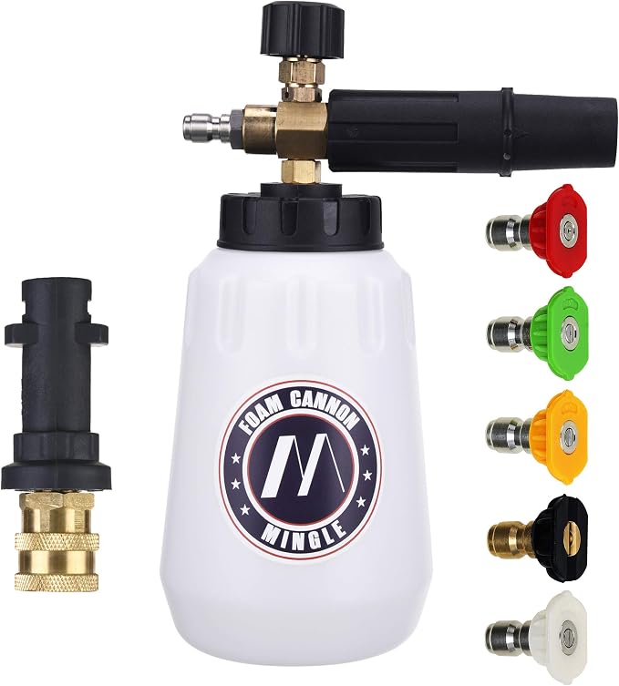 M MINGLE Foam Cannon, Compatible with Karcher K2-K7, 5 Nozzle Tips | 1L Adjustable Thick Foam Bottle, with 1/4'' QC Adapter, 1000-3000 PSI, Suits Cars, Motorcycles, Driveways and Windows