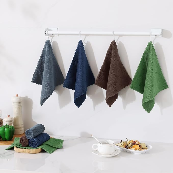 Homaxy 12 Pack Kitchen Dish Cloths, Super Soft and Absorbent Coral Velvet Dish Towels, Nonstick Oil Fast Drying Microfiber Cleaning Cloth, 10 x 10 inches, Navy Blue/Dark Grey/Brown/Grass Green