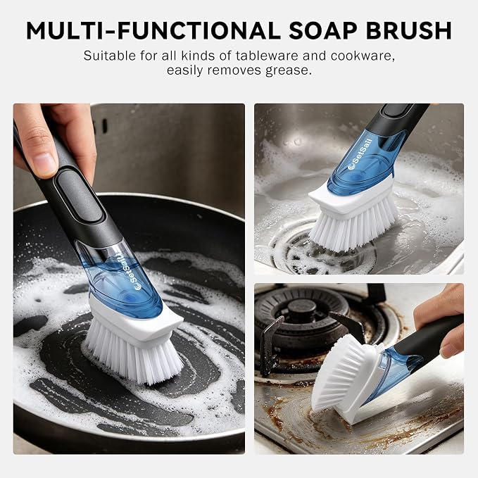 SetSail Dish Brush with Soap Dispenser, Stiff Bristles with Built-in Scraper Dish Scrubber with 3 Pack Replaceable Brush Head Dish Scrub Brush with Non-Slip Handle for Kitchen Sink, Dishes, Pans, Pot