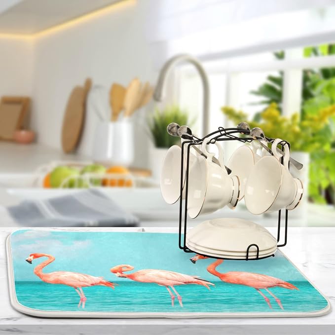 Absorbent Dish Drying Mat for Kitchen Counter - Blue Beach Flamingos Microfiber Drying Pad, Reversible Drainer Mats for Countertop, Lager 18 x 24 inch