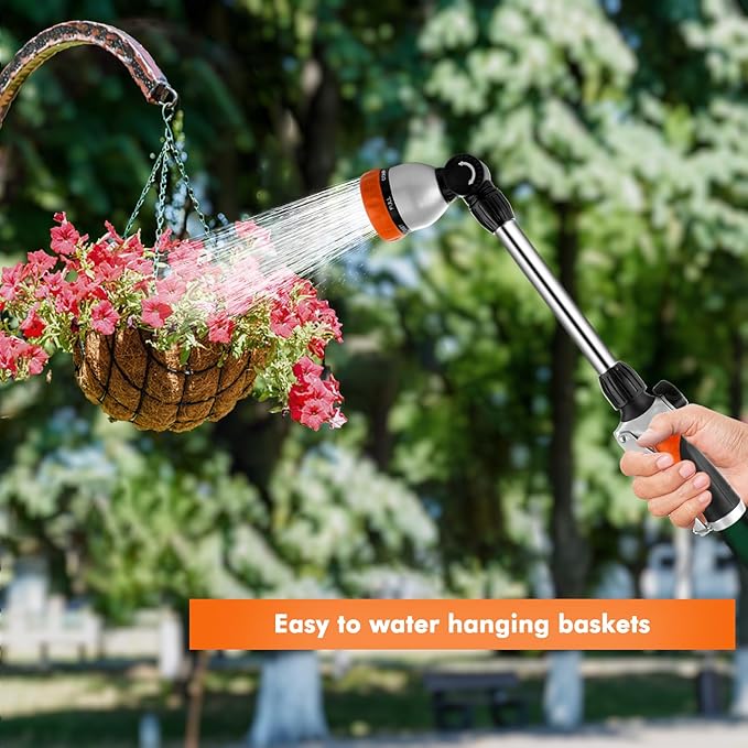 RESTMO Heavy Duty Metal Hose Wand, Watering Wand for Garden Hose | 180° Swivel Ratcheting Head, 16'' Hose Sprayer, 7 Spray Patterns, Flow Control, Ideal for Hanging Baskets & Shrubs, Orange