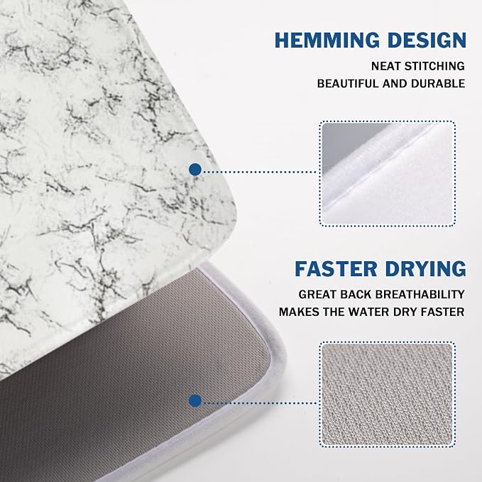 White Grey Marble Dish Drying Mat for Kitchen Counter Modern Marble Pattern Microfiber Dish Drainer Mat Absorbent Washable Drying Pad Extra Large 18"x24"