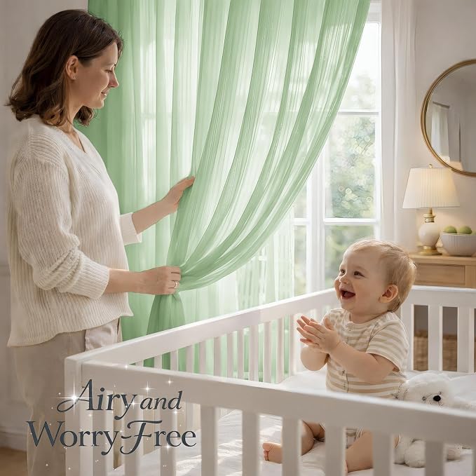JILRON Self Adhesive Sheer Window Curtains Light Filtering Privacy Screen No Drilling for Rental Temporary Use-Sage Green(W 39*L 84in)
