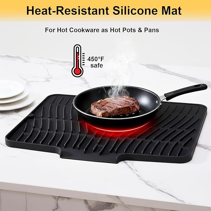 Silicone Dish Drying Mat for Kitchen Counter,Non-Slip Dish Drying Pad with Drain Lip,Heat Resistant Sink drying Mat for Dishes,Large Rubber dish drain mat dish rack mat (Black,15.8"x13")