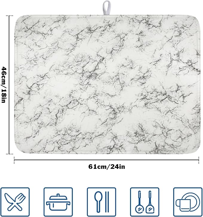White Grey Marble Dish Drying Mat for Kitchen Counter Modern Marble Pattern Microfiber Dish Drainer Mat Absorbent Washable Drying Pad Extra Large 18"x24"