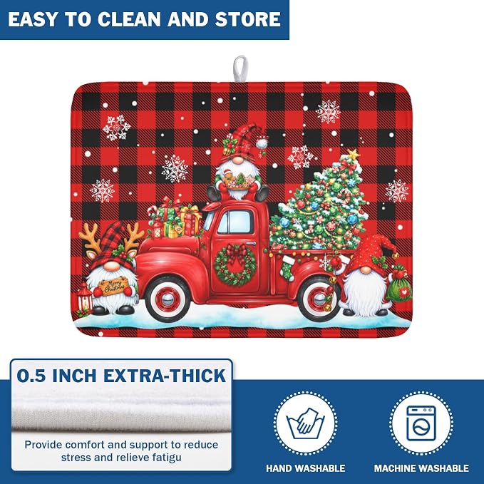 Christmas Dish Drying Mat for Kitchen Counter Xmas Gnome Truck Red Black Buffalo Plaid Dish Drainer Mat Rustic Farmhouse Holiday Absorbent Washable Drying Pad 18"x24"