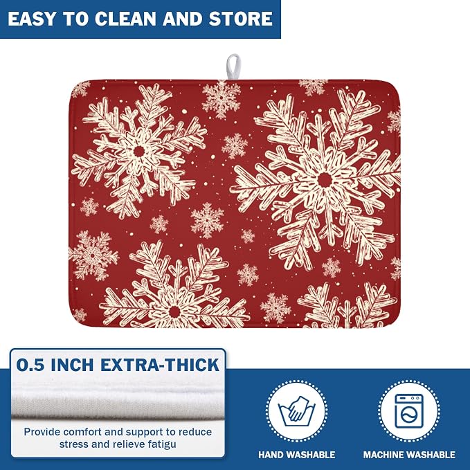 Red Christmas Dish Drying Mat for Kitchen Counter 18x24 Inch | Christmas Snowflake Dish Drainer Mat Rustic Farmhouse Xmas Holiday Absorbent Washable Drying Pad