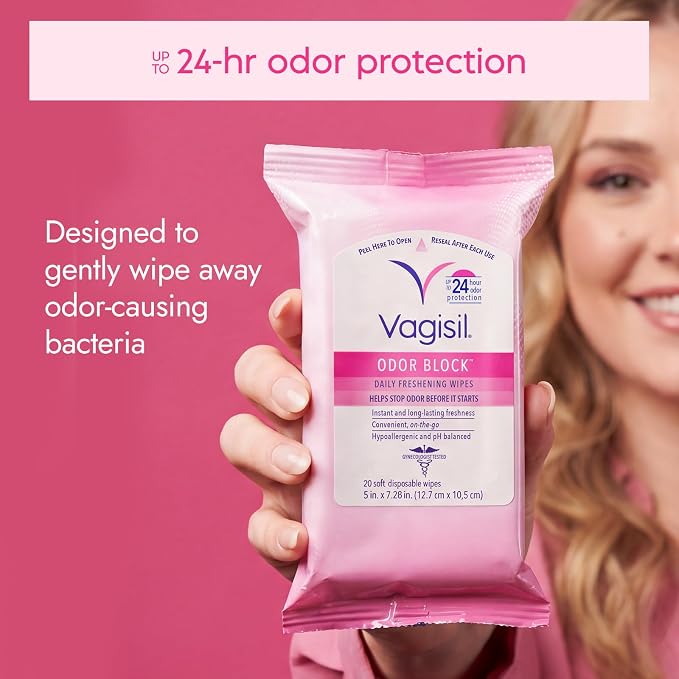 Vagisil Odor Block Daily Freshening Wipes for Feminine Hygiene in Resealable Pouch, Gynecologist Tested & Hypoallergenic, 20 Wipes (Pack of 1)