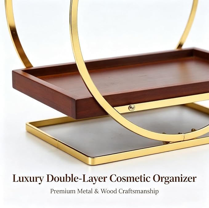 2-Tier Bathroom Counter Organizer, Wood Bathroom Organizer for Vanity Makeup Skincare Cologne Storage, Bamboo Perfume Organizer for Dresser, Countertop Shelf for Bathroom Kitchen, Gold & Brown