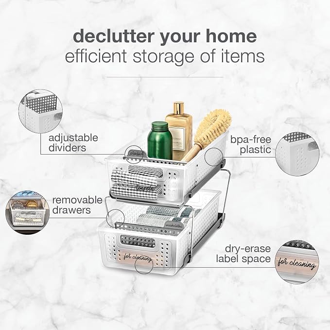 madesmart 2 Tier Bath Organizer, Undersink Storage with Sliding Drawers, for Cleaning Supplies, Pantry, Sponges, Bottles & Kitchen Essentials, Adjustable Dividers & Pull Out Sliding Baskets, Frost