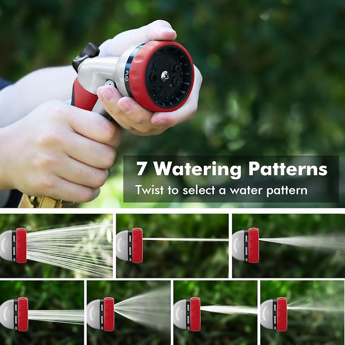 RESTMO Garden Hose Nozzle, Heavy Duty Metal Water Hose Nozzle with 7 Adjustable Spray Patterns, High Pressure Hand Sprayer with Flow Control, Best for Watering Plants & Lawns, Washing Cars & Pets, Red