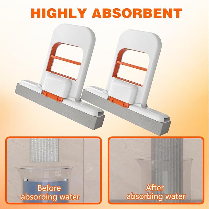 Self Squeezing Mini Mop, Wet and Dry Use Cleaning System, Orange Small Sponge Mop,Foldable Desktop Mop, One-Hand Squeeze Handle and Replaceable Head (2Pcs)