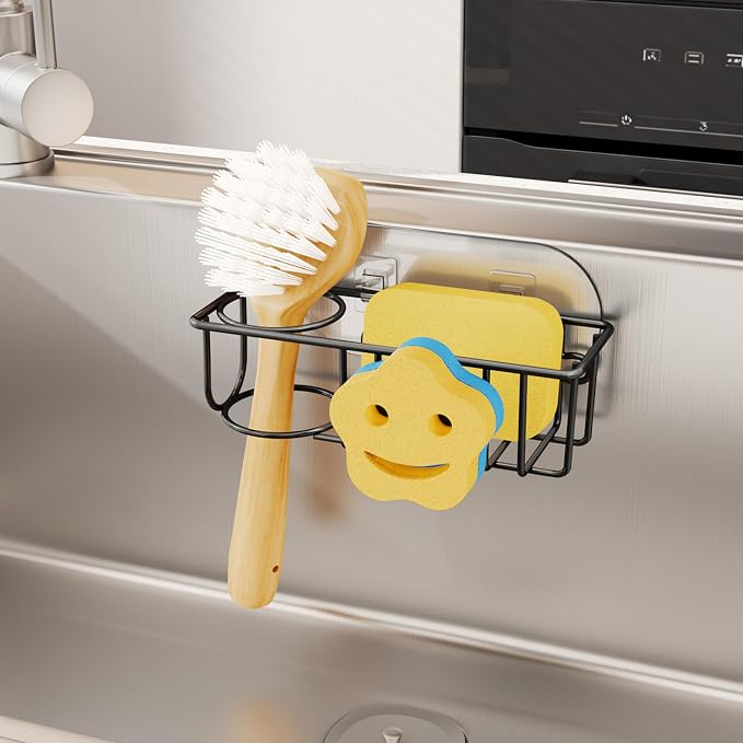 HapiRm Sink Caddy Sponge Holder - No Drill Kitchen Sink Organzier with Smiley Face Sponge Holder, Rustproof and Waterproof Kitchen Organizer - Black