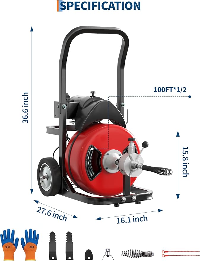 Garvee Drain Cleaner Machine Electric 370W 100FT 1/2 Inch Steel Core Cable | Durable steel cable , 370W motor, auto-feed, foot switch, portable with wheels — for pipes, drains, sinks, toilets