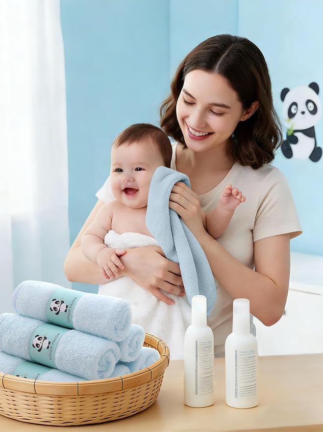 HIPHOP PANDA Baby Washcloths, Rayon Made from Bamboo - 2 Layer Ultra Soft Absorbent Newborn Bath Face Towel - Reusable Baby Wipes for Delicate Skin - Blue, 6 Pack