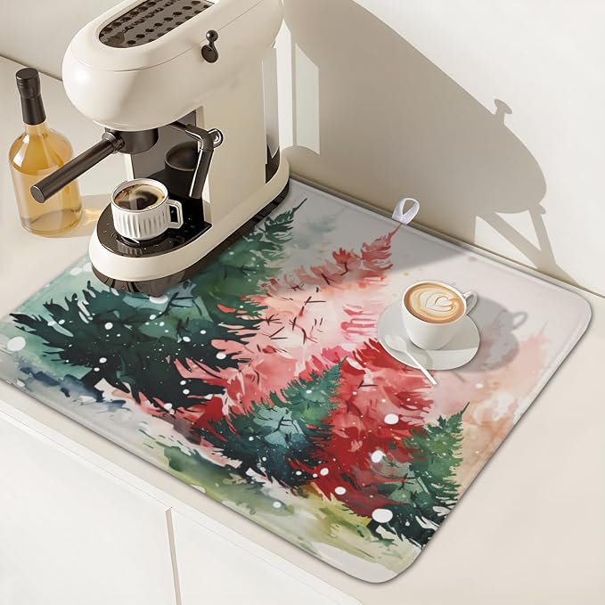 Christmas Dish Drying Mat for Kitchen Counter Xmas Theme Red Green Watercolor Trees Dish Drainer Mat Rustic Farmhouse Winter Holiday Absorbent Washable Drying Pad 16"x18"
