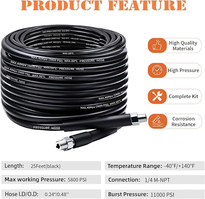 Sewer Jetter Kit for Pressure Washer, 25FT Drain Cleaner Hose 5800PSI with 1/4 Inch NPT Corner, Rotating Nozzle and 4 Different Button Nose Sewer Jet Nozzles, Waterproof Tape and 2 Spanners (Black)