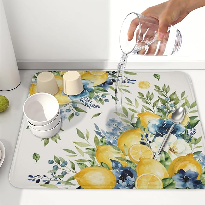 Blue Floral Camellia Lemon Dish Drying Mat 16x18 Inch | Polyester，Absorbent Microfiber，for Kitchen Coffee Dining Bar Decor