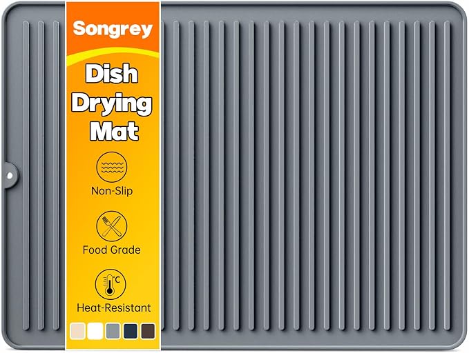 Songrey 24" x 18" Silicone Dish Drying Mat, Kitchen Counter Drying Pad for Sink Dishes or Under Rack, Multi-Use as Heat Resistant Trivet, Coffee Bar Mat