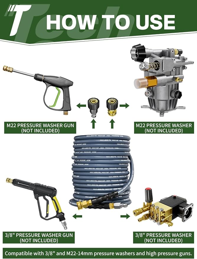 3/8" 4800PSI Pressure Washer Hose 125FT Swivel Quick Connect | Power Washer Hose for Cold/Hot Water Max 248°F, Kink Resistant Steel Wire Braided, Wear Resistant with M22 14mm Adapter