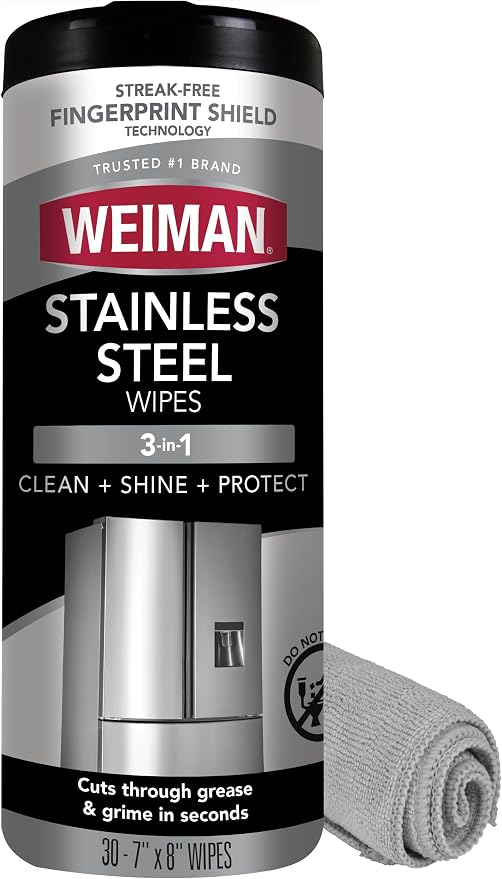 Weiman Stainless Steel Cleaner & Polish Kit, 1 Wipes & Cloth, Anti-Fingerprint, Removes Grease, Water Spots, Streaks & Residue, Polishing Cleaner Safe for Appliances, Chrome, Sinks & Grill Exteriors