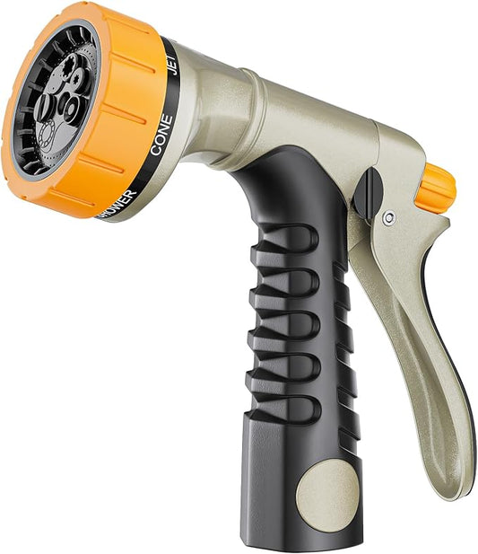 FANHAO Metal Garden Hose Nozzle Heavy Duty, Rear Trigger Water Sprayer | 7 Adjustable Spray Patterns, Flow Control, Hands-Free Lock, Ergonomic Anti-Slip Soft Grip Water Nozzle for Garden, Car & Pet