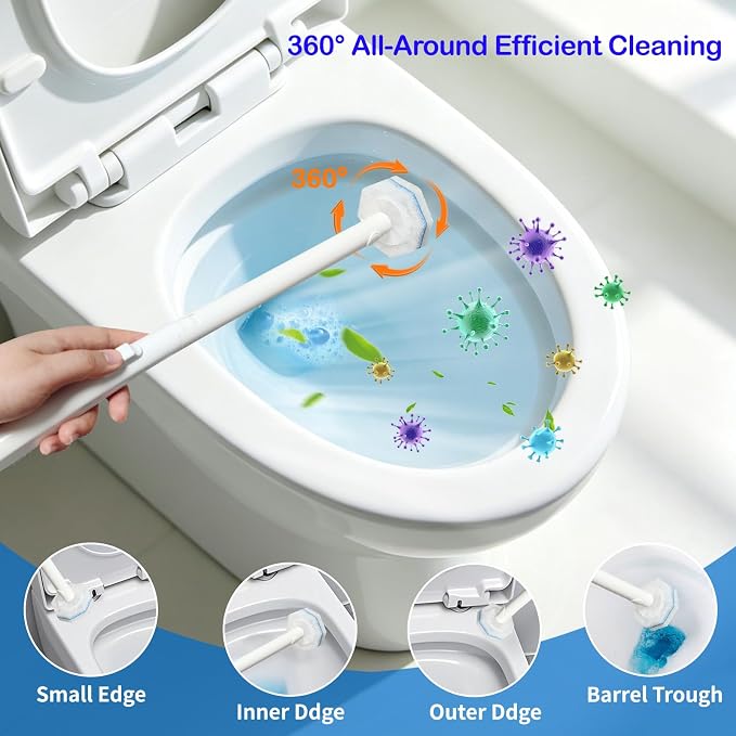 Disposable Toilet Brush and Holder Set, 20 Pre-Filled Refills, 5X Powerful No-Shed Pads, 360° Deep Toilet Bowl Clean, Toilet Bowl Cleaners with Storage Caddy & Adhesive Hooks
