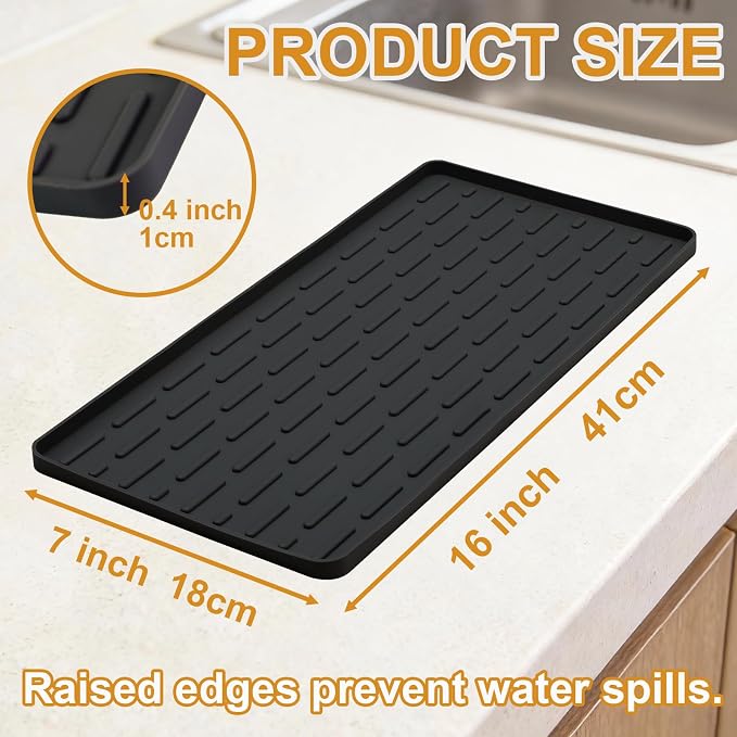 Silicone Coffee Mat, 16"X7" Heat-Resistant,Eco-friendly,Hygienic Drying Pad,Leak-Proof and Non-Slip,Removable Silicone Mat with Concave and Convex Design,（Black 16X7）