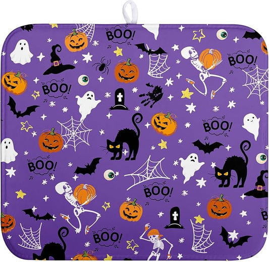 Halloween Dish Drying Mat for Kitchen Counter Cute Cat Boo Bats Skull Drying Mats Purple Fall Holiday Dishes Drying Pad Microfiber Absorbent Reversible Dish Drainer Rack Mat 16"x18"