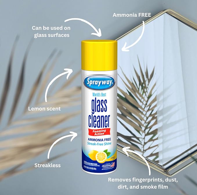 Sprayway Glass Cleaner Lemon Scent Foaming Aerosol Spray, 19oz, Pack of 6 | Ammonia-Free, Streakless, Fast-Acting | Cleans & Polishes Glass Surfaces | Removes Fingerprints, Dust, Dirt, Smoke Film | Ammonia-Free, Streak-Free Shine, Fast-Drying | for Win...