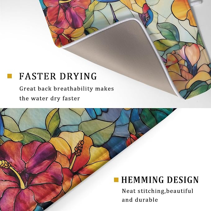 Spring Summer Dish Drying Mat for Kitchen Counter Hummingbird Microfiber Absorbent Dish Draining Reusable Washable Foldable Extra Large 18"x24"