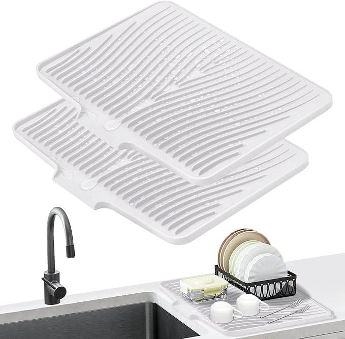 TIKNIK Silicone Dish Drying Mat for Kitchen Counter - Heat Resistant & Non-Slip Dish Drain Pad with Built-In Drain, Dishwasher Safe, Quick-Dry, Hangable & Roll-Up for Storage, White-2pcs, 20" x 15"