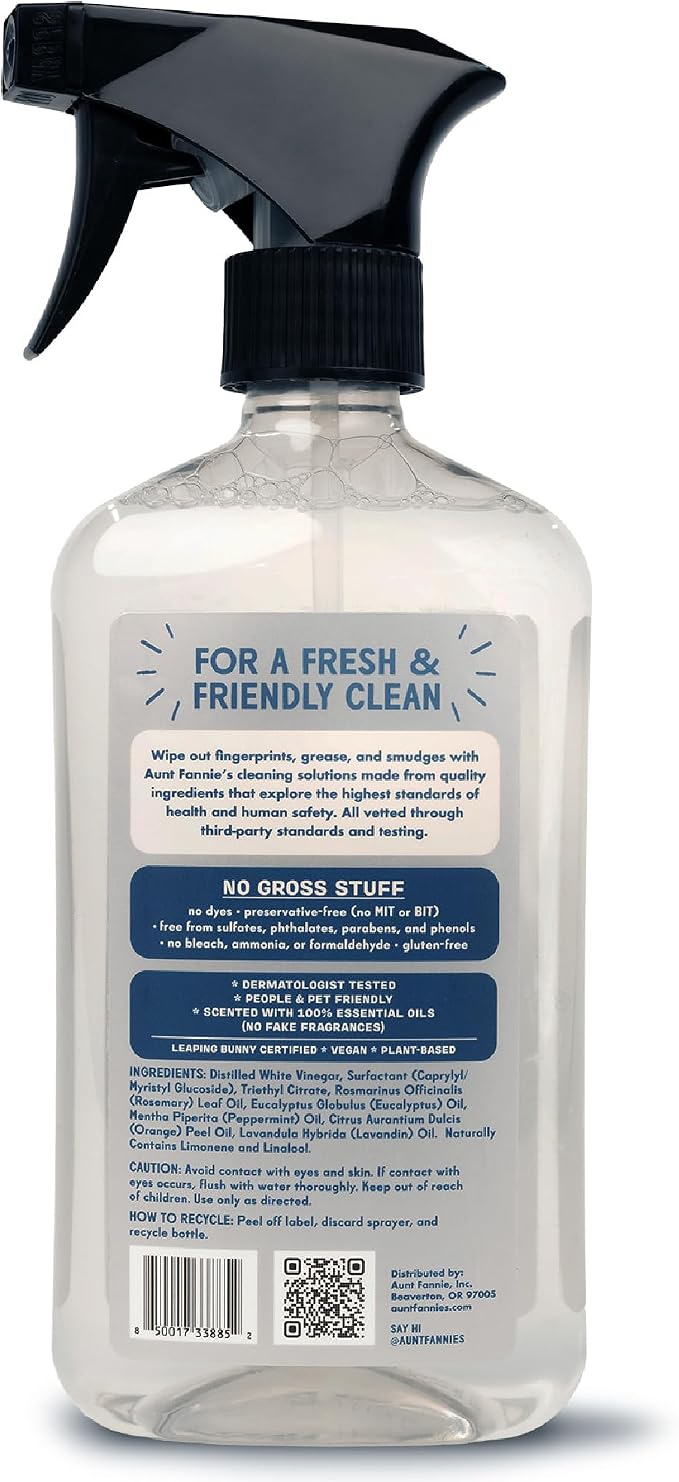 Aunt Fannie's Stainless Steel Spray Cleaner, Powered by Vinegar, Fingerprint and Residue Remover for Refrigerator, Dishwasher, Oven, Grill, Sink, Stovetop, and Other Appliances, Pack of 3